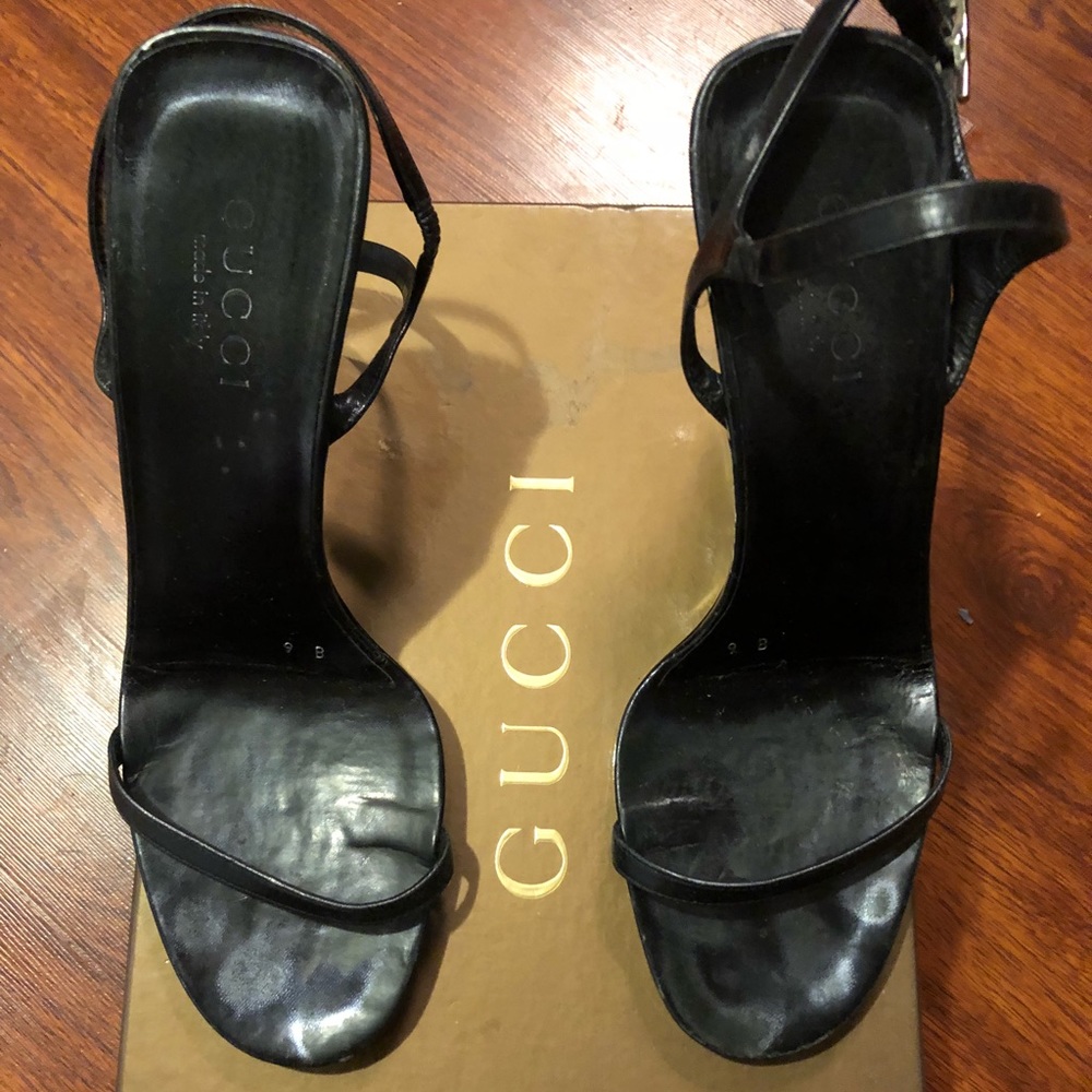 GUCCI BLACK  LEATHER LUCITE WEDGES, 9B